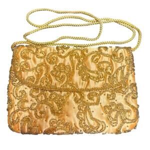 NWT Valerie Stevens Gold Satin Beaded Shoulder Evening Bag Clutch Prom Formal